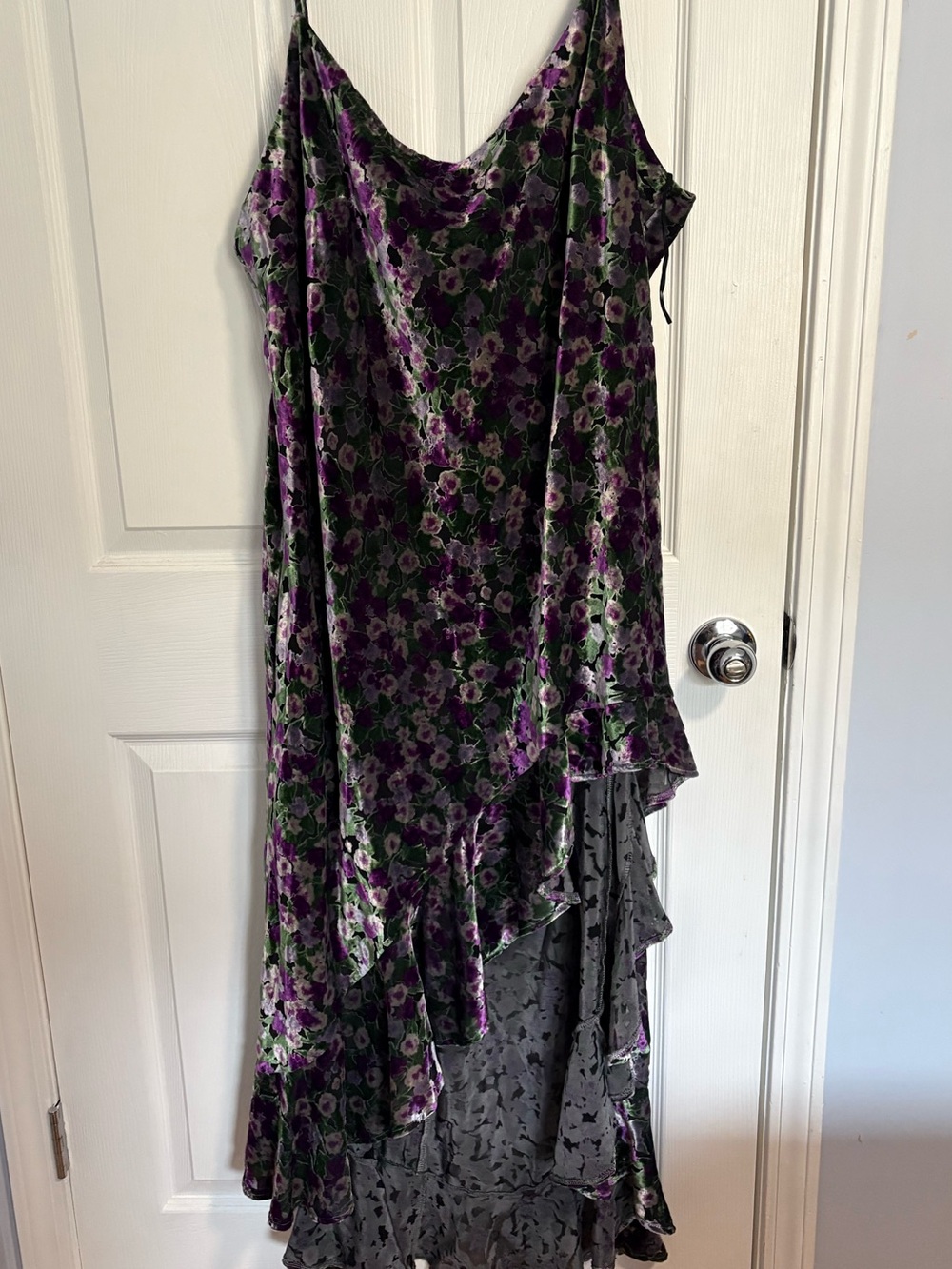 Velvet Floral High-Low Slip Dress in Purple and Black